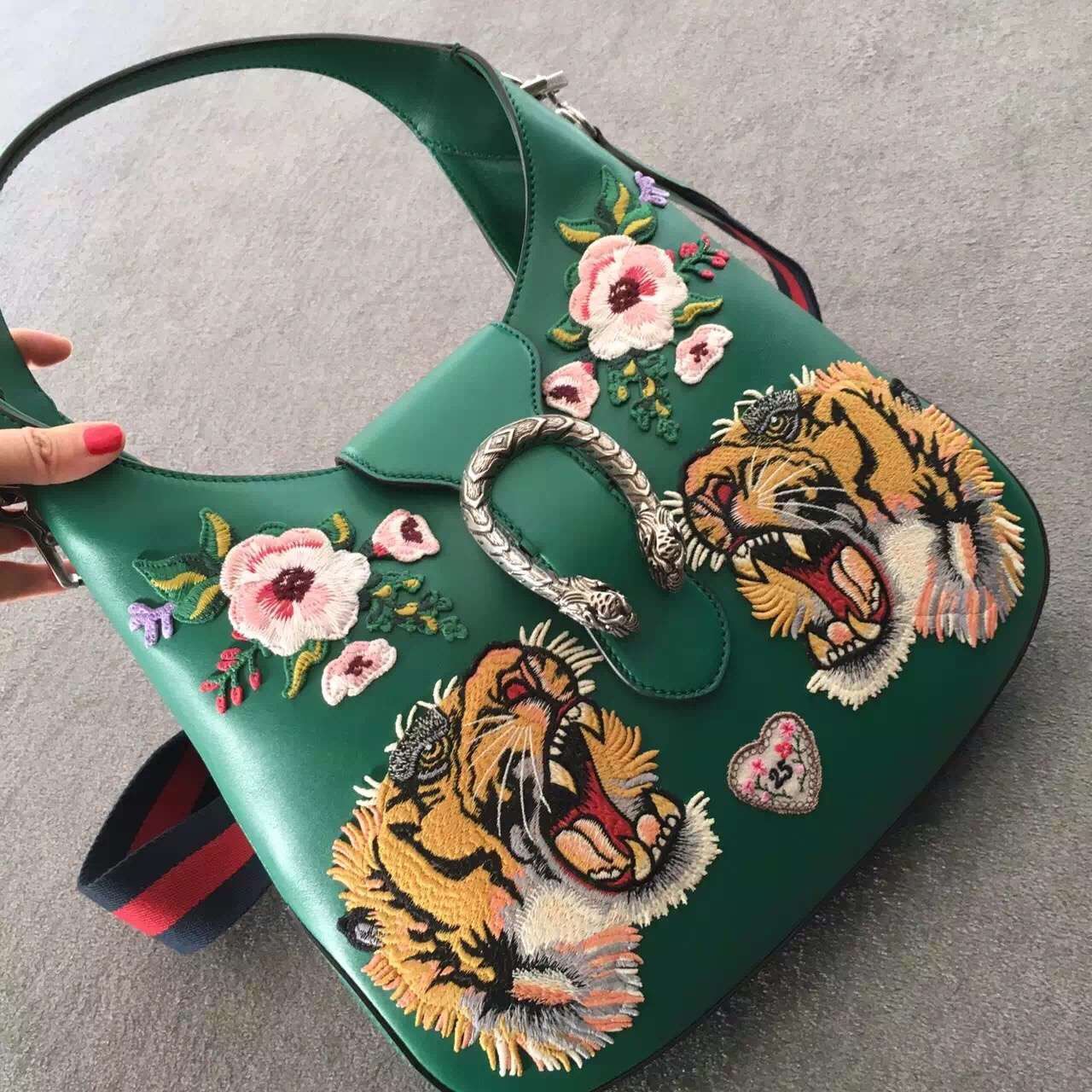 Gucci Dionysus Embroidered Leather Hobo Bag Green 444072